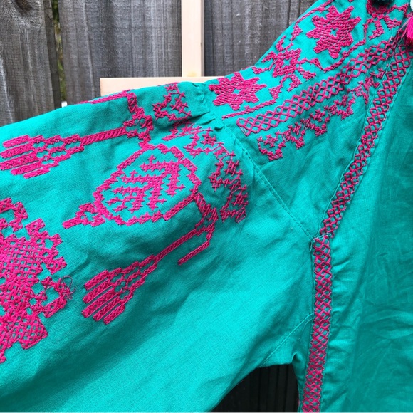 🛍️ Bohemian Green Lantern Sleeve Embroidered Tassels Tunic Dress M - Picture 5 of 10